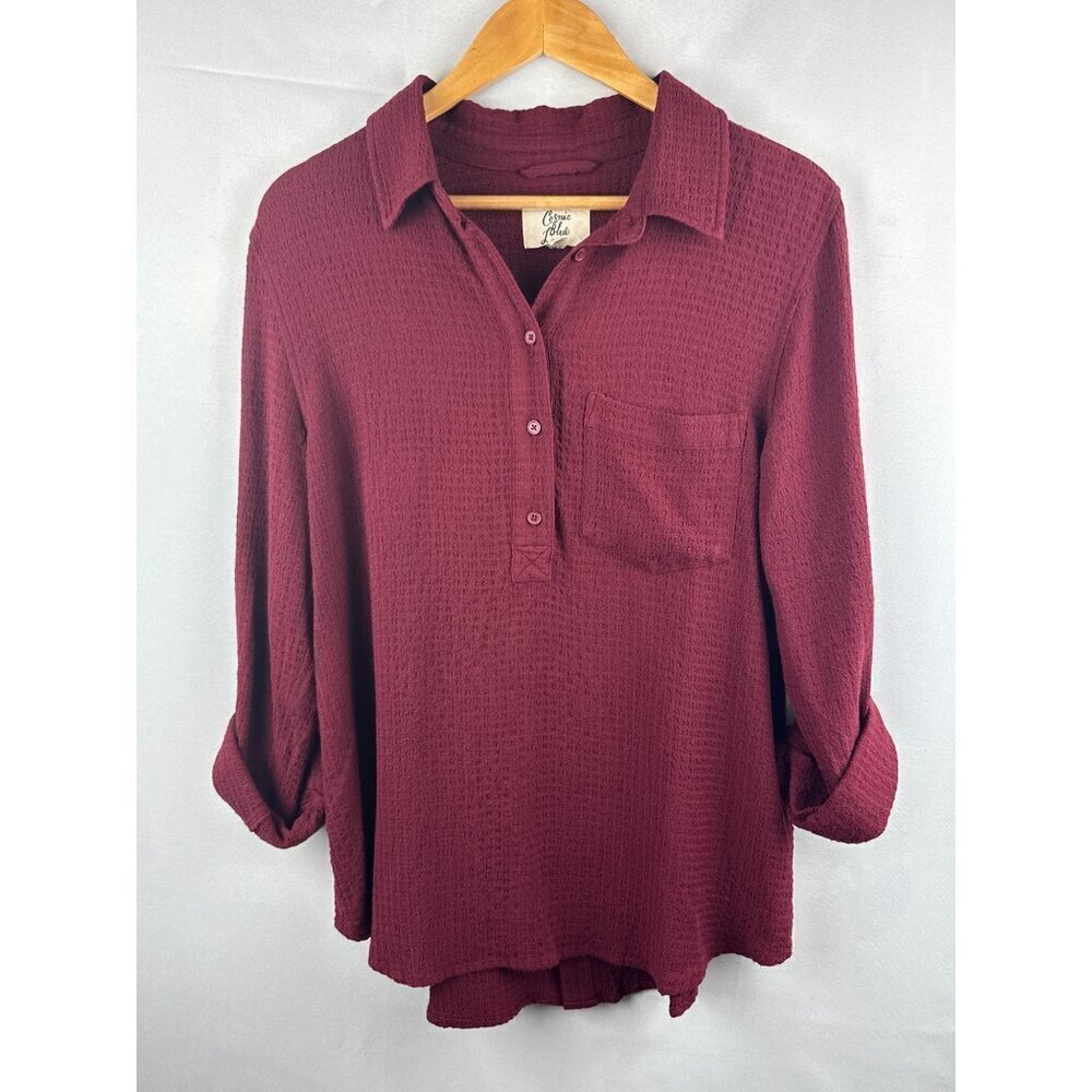 Cosmic Blue Love Womens Textured Burgundy Button-Up Blouse Long Sleeve Size M Ra